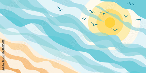 Vector drawing of sea waves and the sun, sandy shore, cartoon illustration