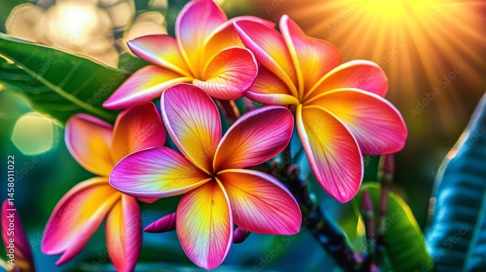 Summer display of plumeria blossoms in a tropical paradise. Summer display of plumeria blossoms in a tropical paradise.