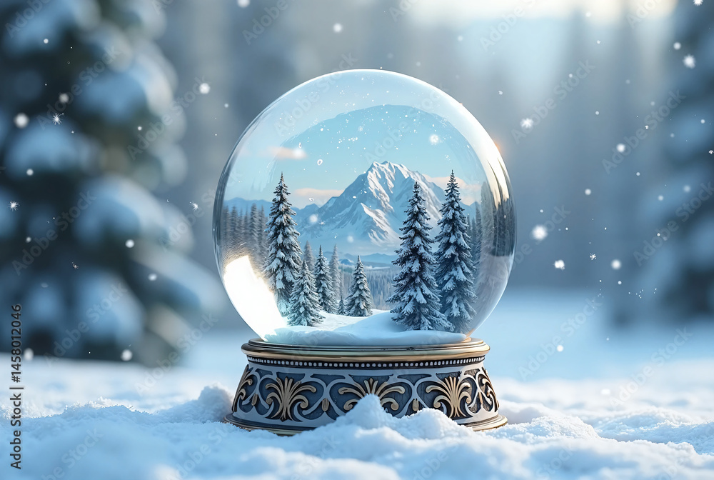 Snow Globe on a Snowy Surface, Featuring Miniature Pine Trees and a Mountain Scene, Surrounded by Falling Snowflakes for a Serene Winter Ambiance
Snow Globe on a Snowy Surface, Featuring Miniature Pine Trees and a Mountain Scene, Surrounded by Falling Snowflakes for a Serene Winter Ambiance