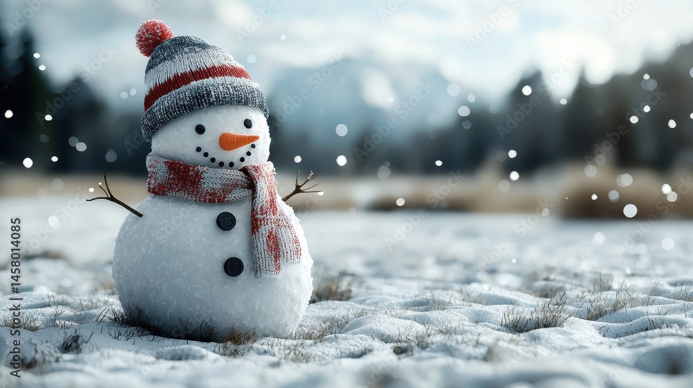 Fototapeta premium Cheerful snowman with a knit hat and scarf, standing in a snowy landscape with falling snowflakes.