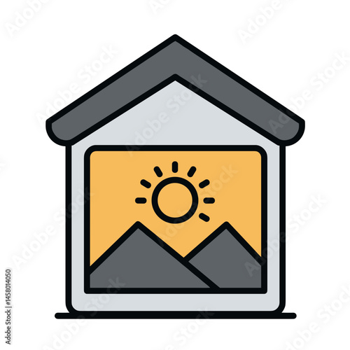 House with Sun and Mountains in Minimalist Style  
