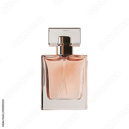 High-quality,  shot of a peach-colored perfume bottle and its packaging. The image highlights the product's aesthetic and visual appeal.