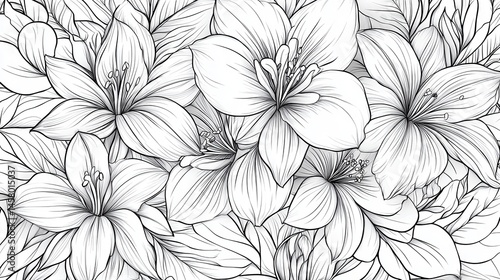 Wallpaper Mural Detailed floral line art pattern with lily flowers and various leaves. Use as background, textiles, wallpaper, prints, coloring books or graphic design. Torontodigital.ca