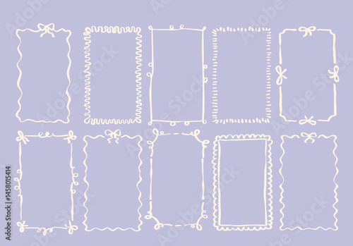 Set of Hand Drawn Border Frame Retro Vintage Aesthetic with Bow for Wedding, Summer Mediterranean Sea Food Menu, Greeting Card, with Dolce Vita Picnic Vacation in Vector