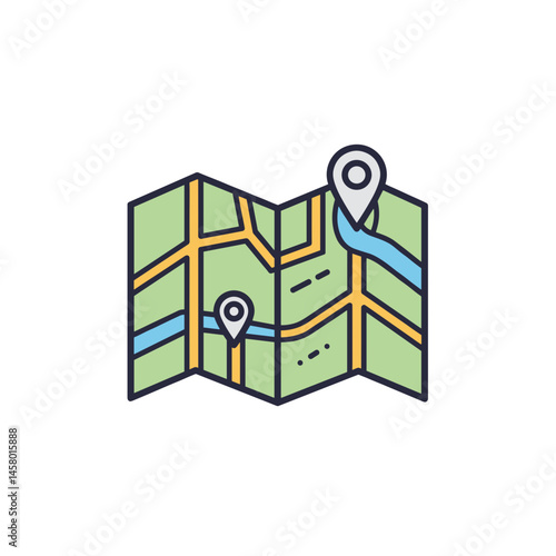 Illustrated map with locations and routes in vibrant colors  