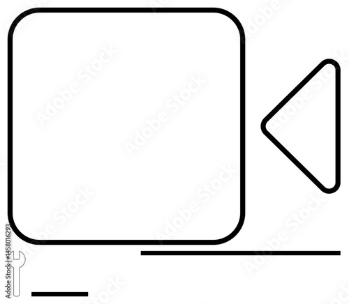 Camera icon with a triangular element, tool symbol for settings, and minimal lines for interface elements. Ideal for video, technology, customization, multimedia, apps, interfaces simple landing