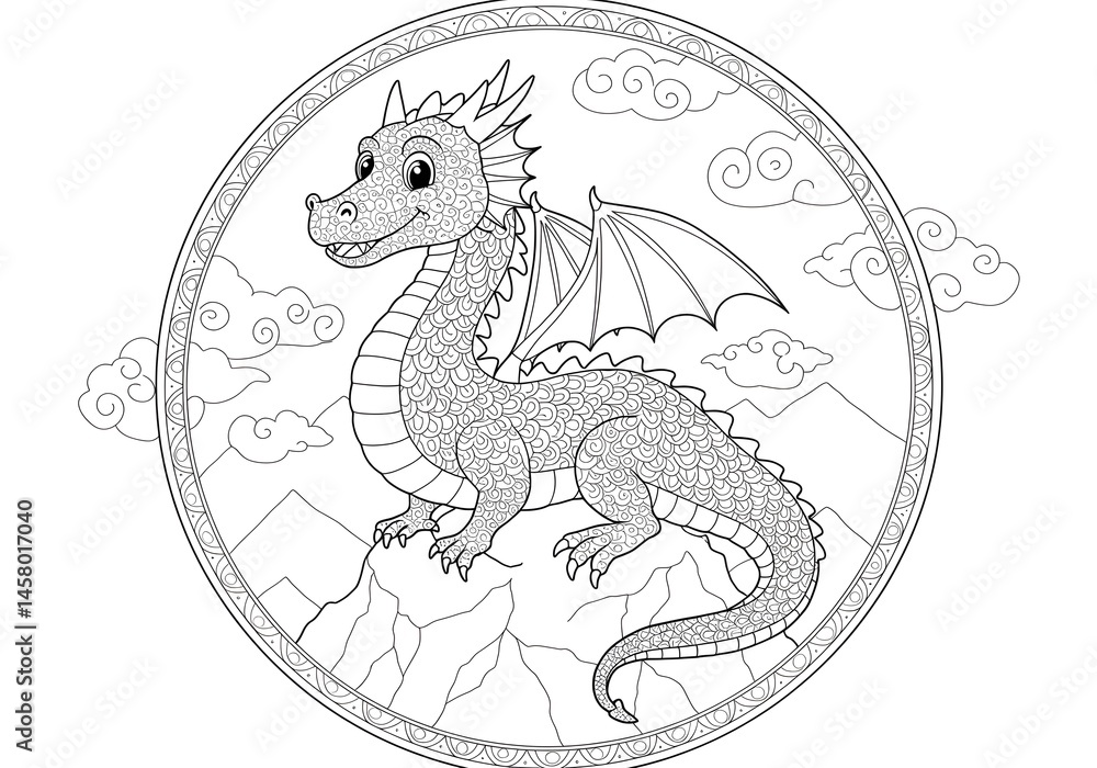 Fototapeta premium Detailed Dragon Coloring Page for Kids Fantasy Creature on Mountains, Clouds, Winged Dragon, Black and White Dragon Outline, Printable Dragon Template, Line Art Design.