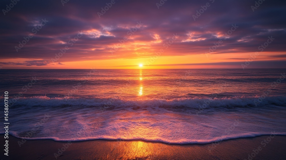 Fototapeta premium Stunning Sunset Over Calm Ocean Waves Illuminated by Soft Light