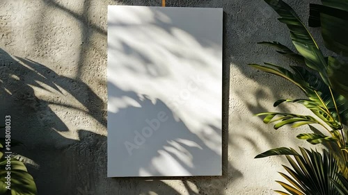 Blank canvas on a textured wall, surrounded by tropical plants. Sunlight casts shadows