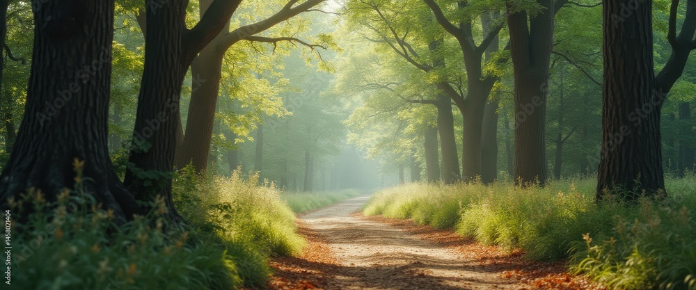 Naklejka premium Mystical path through a serene forest with lush greenery and sunlight filtering through the trees.