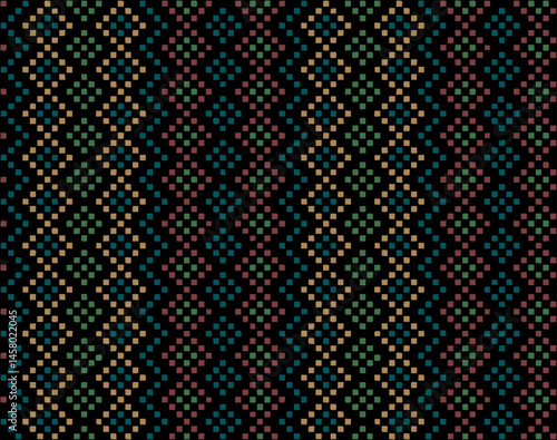 geometric carpet. hand drawn square pixels. vector seamless pattern. folk decorative art. reach color repetitive background. fabric swatch. wrapping paper. design template for textile, linen