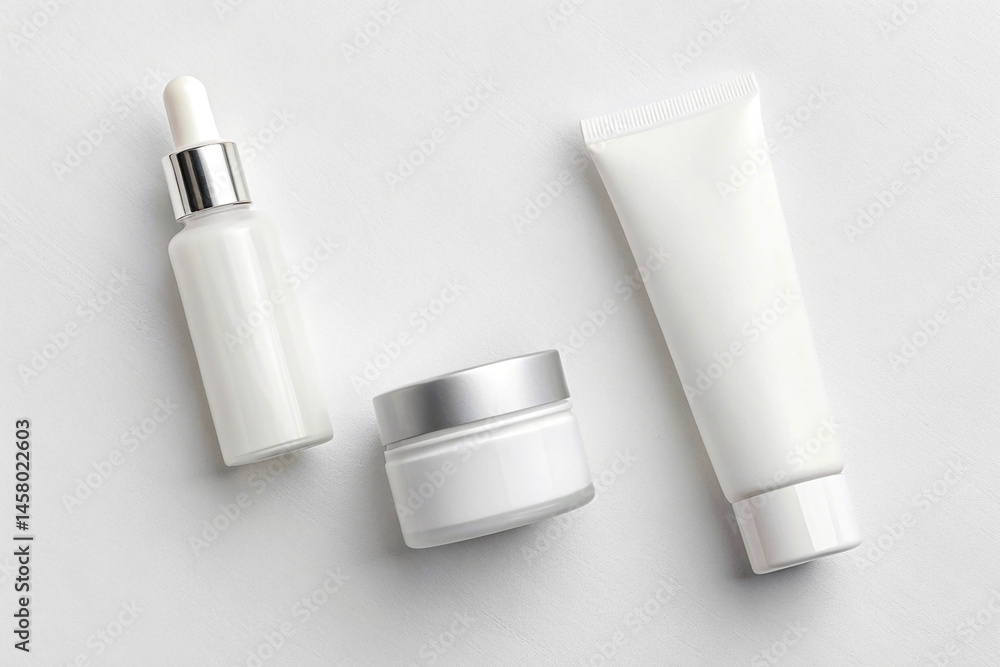 White Cosmetic Bottles and Jar Mockup with Silver Details White Cosmetic Bottles and Jar Mockup with Silver Details