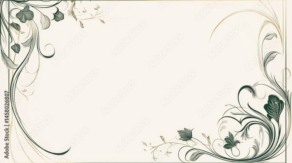 Beige background with green and gold floral corner designs and a gold frame. Perfect for invitations, stationery, or elegant website backgrounds. Beige background with green and gold floral corner designs and a gold frame. Perfect for invitations, stationery, or elegant website backgrounds.