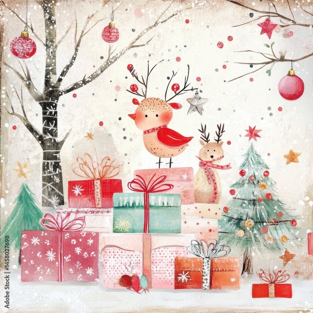 Fototapeta premium Whimsical Christmas scene with festive reindeer, gifts, and a decorated tree in a snowy setting.