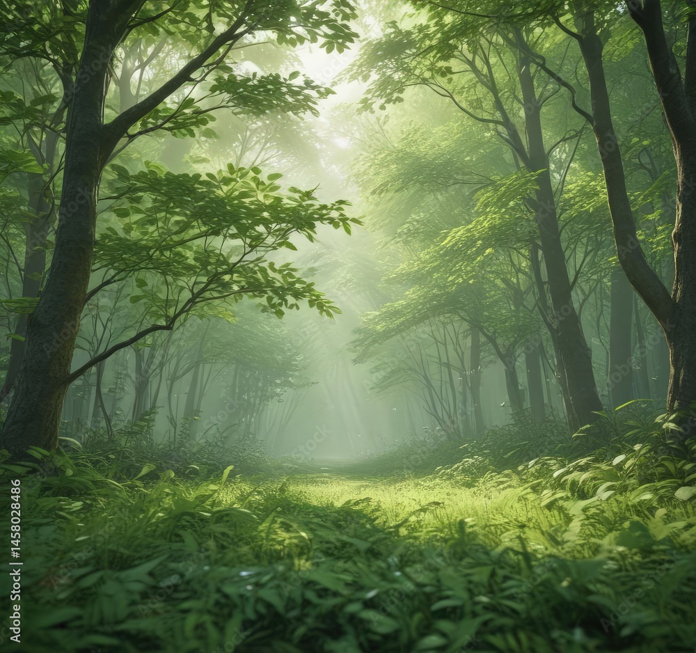 Naklejka premium Soft, blurry green leaves create an ethereal forest backdrop , overgrown, soft focus, pastel