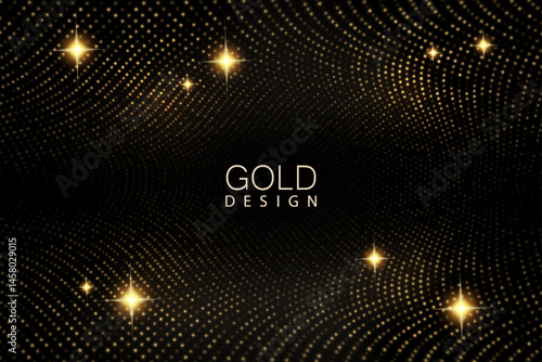 Golden wave pattern with shiny tinsel on black background.