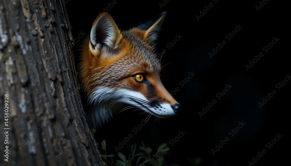 Fototapeta premium a (Fox), yellow glowing eyes, macro, Cunning, highly focused, in the dark night, peeking from behind a log in a hunting