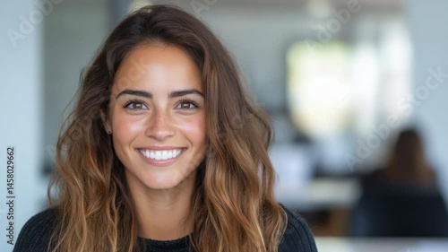 Wallpaper Mural Positive Smiling Woman with Modern Hair in Bright Office Setting Radiating Joy and Confidence Torontodigital.ca