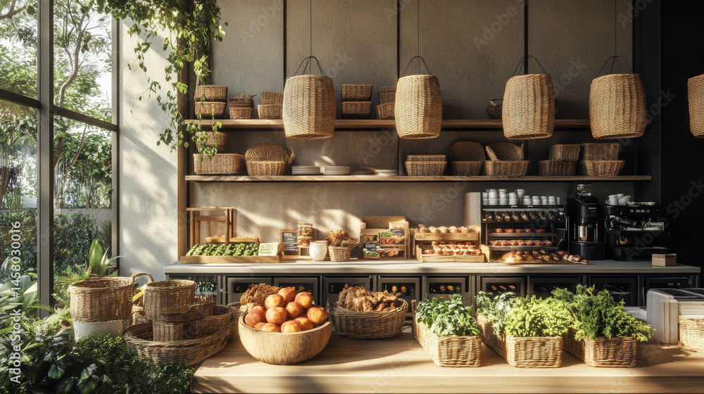 Fototapeta premium Eco-Conscious Food & Drink A farm-to-table food brand could feature backgrounds like wooden countertops, rustic farm imagery, and green plants. 