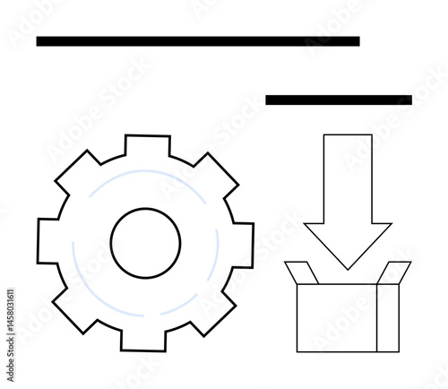 Gear next to arrow pointing into an open box, conveying configuration, installation, teamwork, productivity, delivery, technology management, and a simple landing page