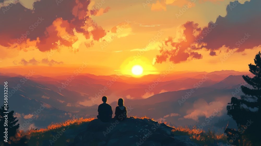 Fototapeta premium Silhouetted figures watching a vivid sunset from mountain peak vista