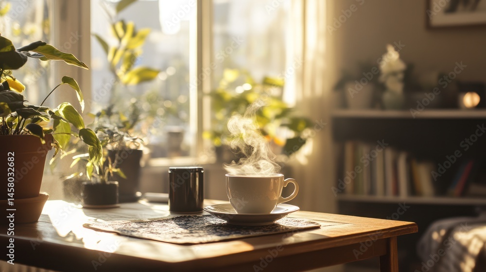 Cozy Morning Still Life with Steaming Coffee and Sunlit Room Interior Cozy Morning Still Life with Steaming Coffee and Sunlit Room Interior