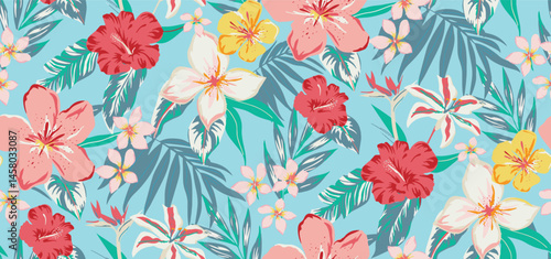 A vibrant and detailed seamless pattern showcasing a variety of tropical flowers like hibiscus and bird of paradise, mixed with lush palm fronds on a light blue backdrop