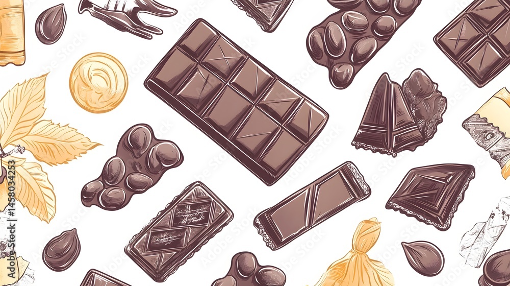 Hand-drawn chocolate variety pattern on a white background. Hand-drawn chocolate variety pattern on a white background.