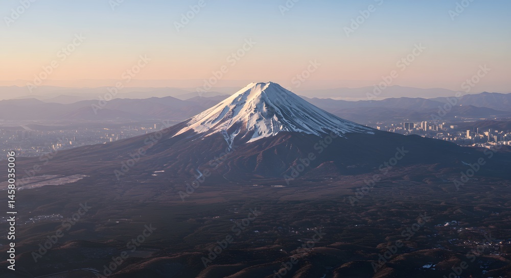Fototapeta premium Majestic Mount Fuji: A Panoramic View of Japan's Iconic Volcano at Dawn