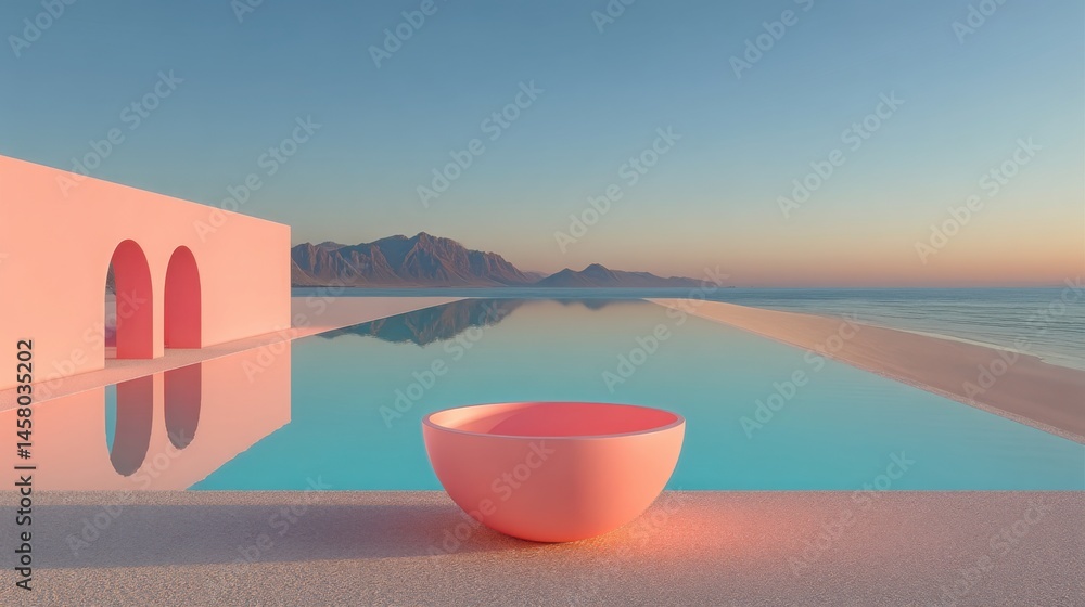 Naklejka premium Tranquil scene of a pink bowl resting on the surface of a serene pool representing calm global financial concepts