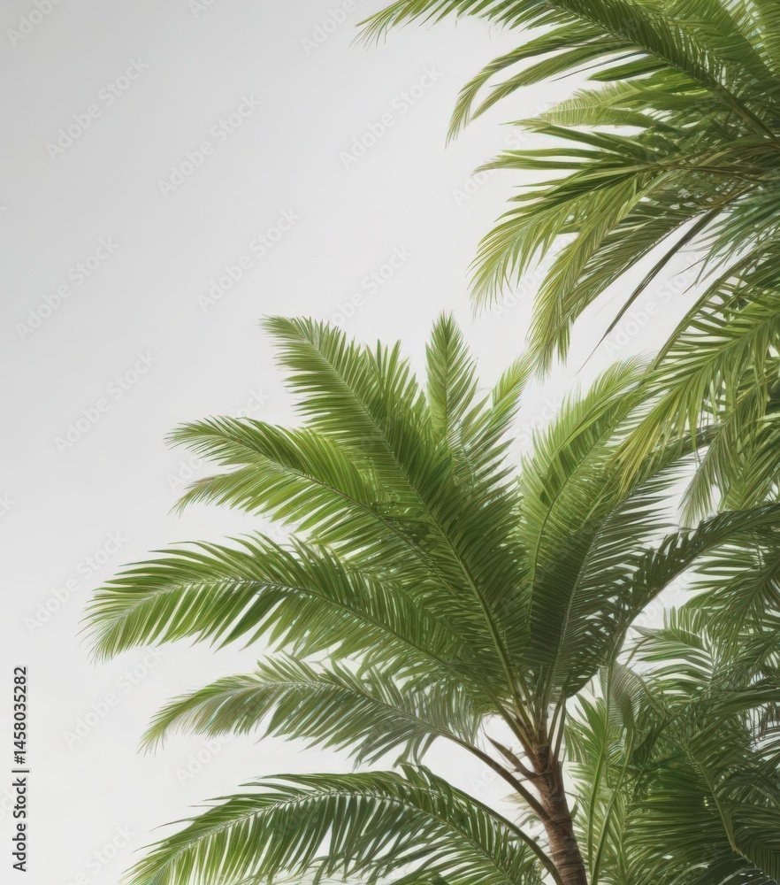 Fototapeta premium Single palm tree, lush green fronds, against bright white , tropical plant, south america