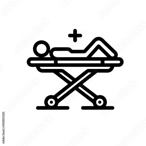 Minimalistic black-and-white medical stretcher with patient icon illustration, professional line art style