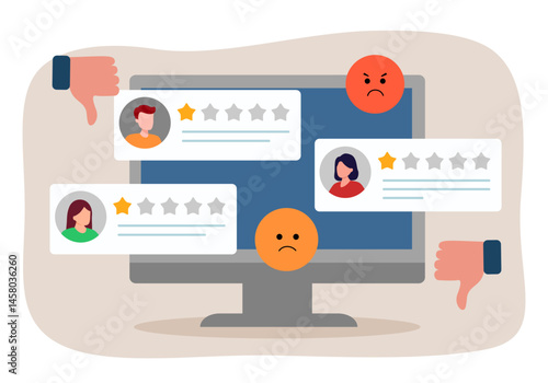 User reviews. Computer with bad customer reviews, experience or feedback concept, one star rating. Rating bubble.