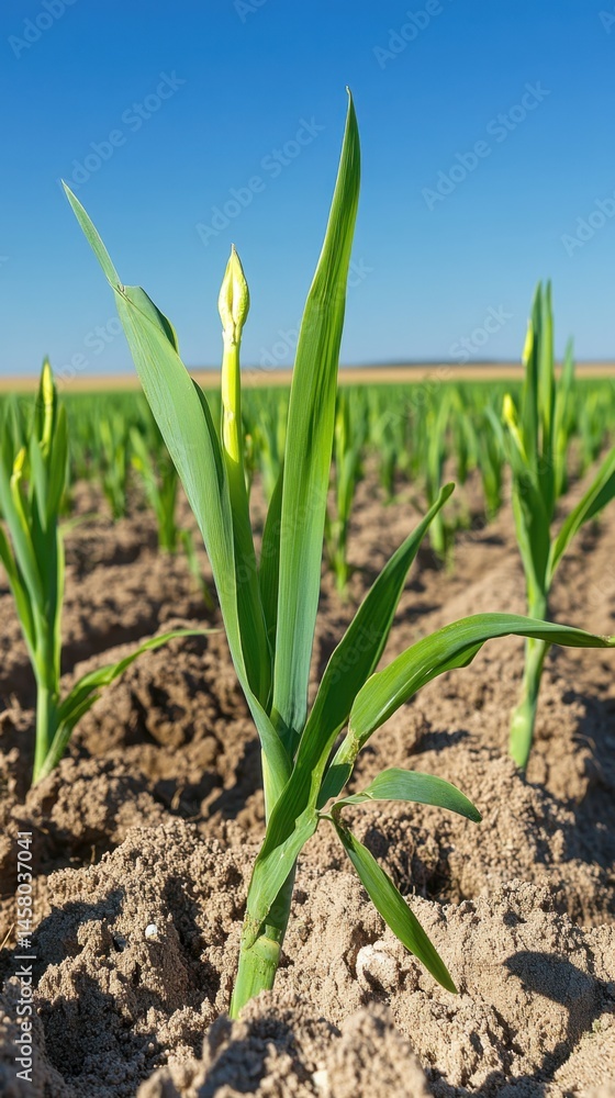 Young Green Plants Emerging from the Earth in a Field on a Sunny Day with a Clear Blue Sky Above Young Green Plants Emerging from the Earth in a Field on a Sunny Day with a Clear Blue Sky Above
