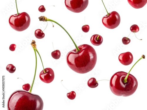cherries floating in the air isolated on white background, PNG