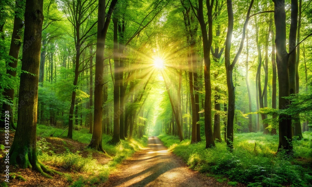 Obraz premium Lush Green Forest Path with Sunlight Streaming Through Trees