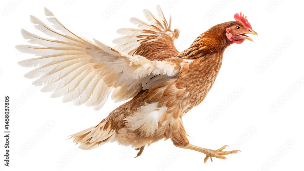 Fototapeta premium chicken hen jumping and flying isolated on white background, PNG