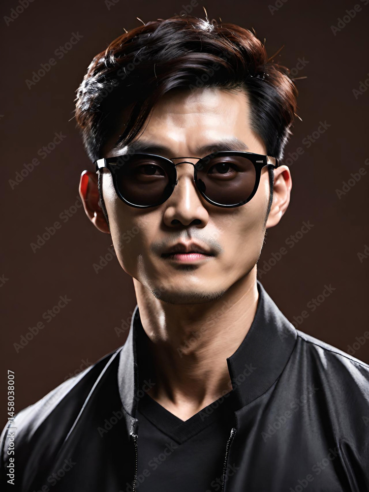 asian man in a black jacket and glasses posing asian man in a black jacket and glasses posing