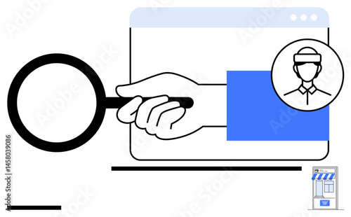 Magnifying glass inspecting a user profile within a browser window, symbolizing analysis, research, and personalization. Ideal for business, data analysis, customer targeting, marketing, search