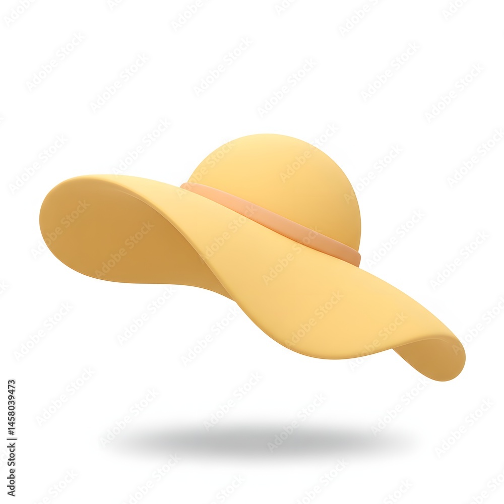Obraz premium Elegant Yellow Sun Hat Summer Fashion Accessory, Wide Brim, 3D Render