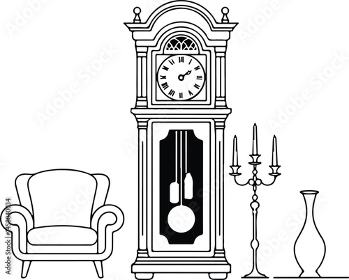 Vintage Living Room Outline Grandfather Clock and Furniture
