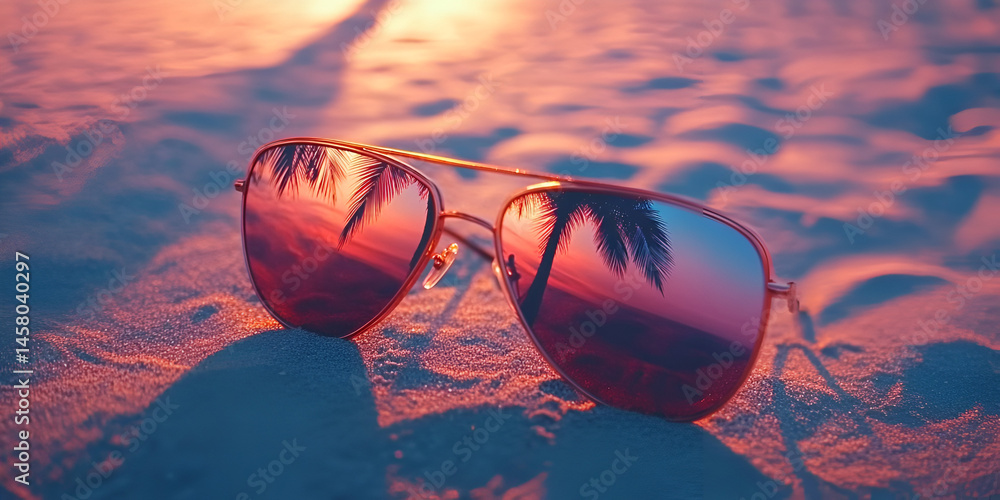custom made wallpaper toronto digitalReflective Sunglasses on Beach Sand with Tropical Sunset View

