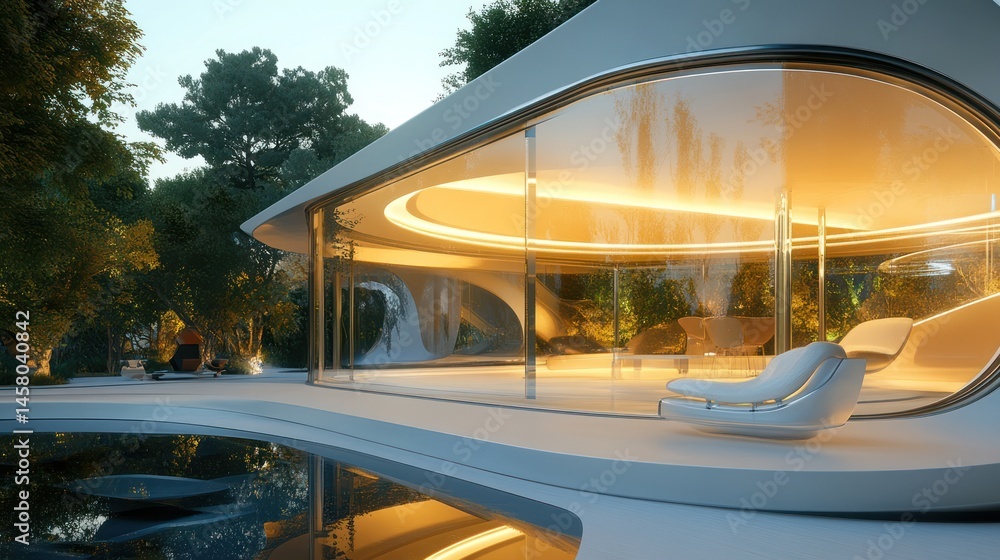 Fototapeta premium Futuristic modern home with a transparent curved structure amidst lush greenery