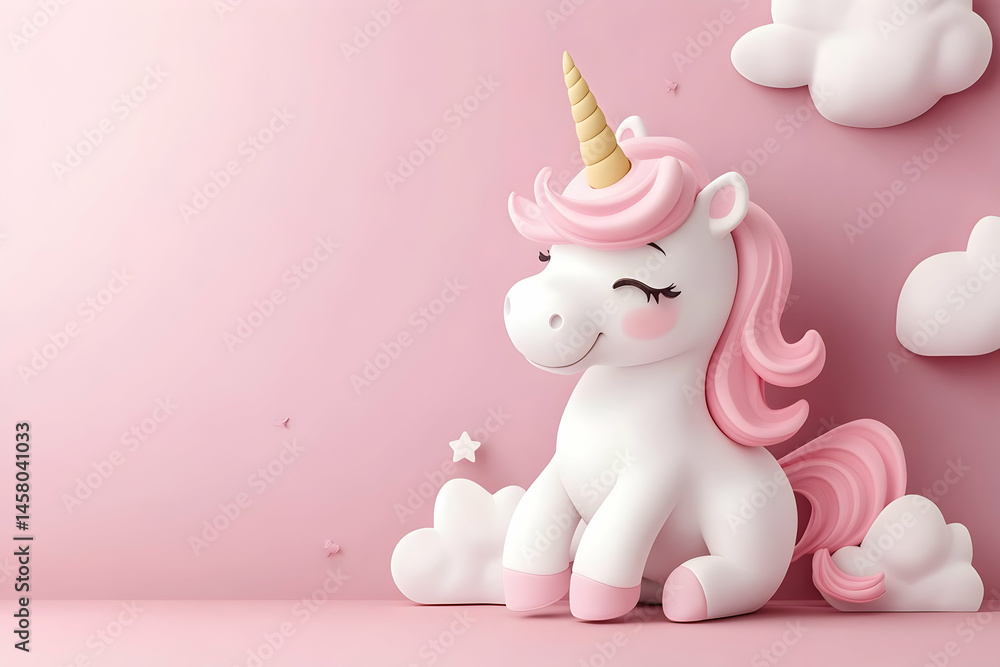 A cartoon unicorn sits on a pink background with clouds. A cartoon unicorn sits on a pink background with clouds.