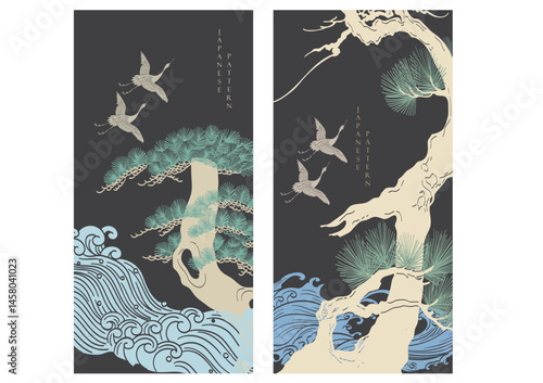 Japanese background with hand drawn line wave pattern vector. Abstract template with geometric curve pattern. Natural layout design in oriental style