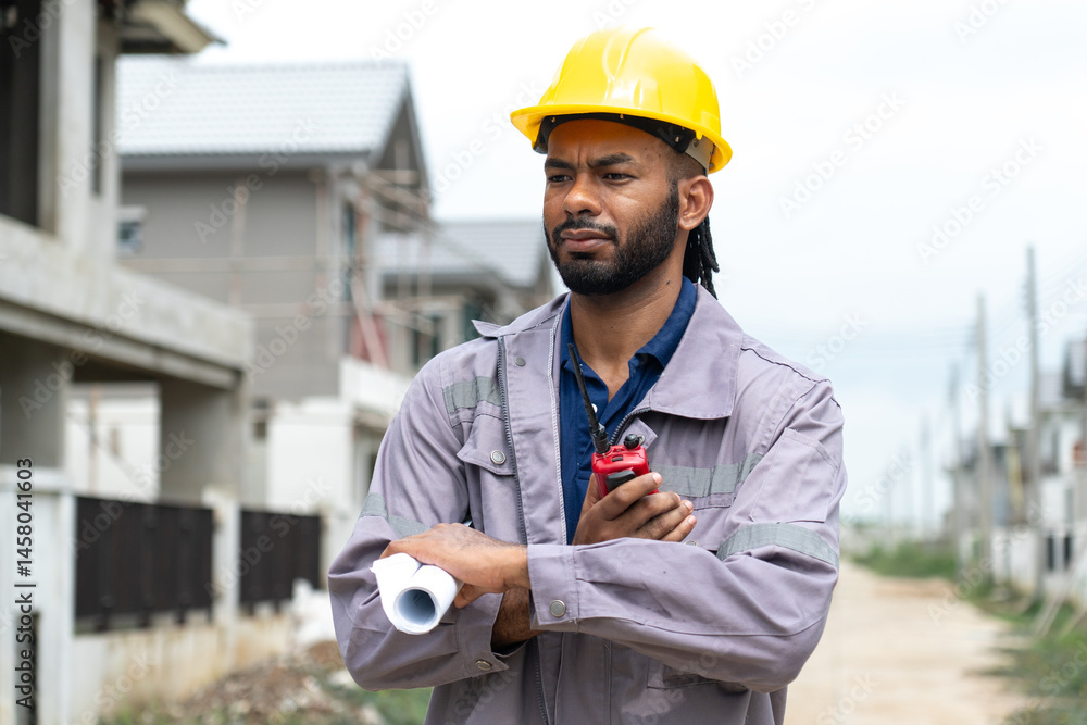 Black construction workers look at construction plans and operations to ensure they meet construction standards.