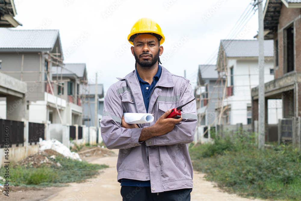 Black construction workers look at construction plans and operations to ensure they meet construction standards.