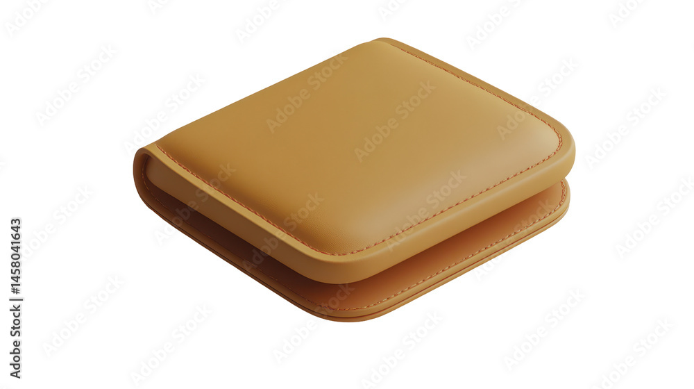 Three-dimensional rendering of a light tan leather wallet displayed in an isometric perspective, showcasing its design and material. Three-dimensional rendering of a light tan leather wallet displayed in an isometric perspective, showcasing its design and material.