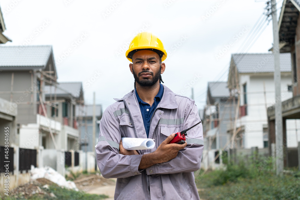 Black construction workers look at construction plans and operations to ensure they meet construction standards.