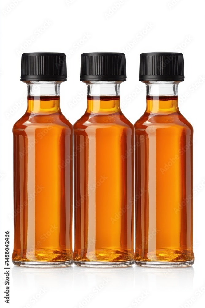 Three glass bottles filled with amber liquid and black caps on a white background studio shot Three glass bottles filled with amber liquid and black caps on a white background studio shot